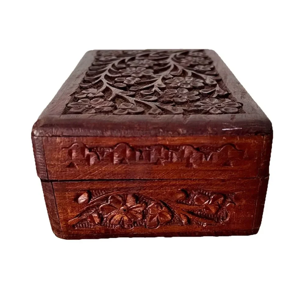 Wood Hand Carved Ornate Trinket Box - India Blue Velvet Inside 6” x 3.75” x 2”
